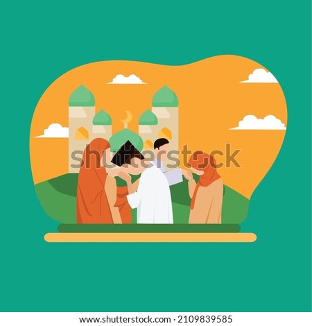 Simple Vector illustration drawing of Image of Muslim families forgive each other, sons to mother, father daughters. Back Fitri on Eid Mubarak. Happy Eid Al-Fitr. Modern design vector illustration
