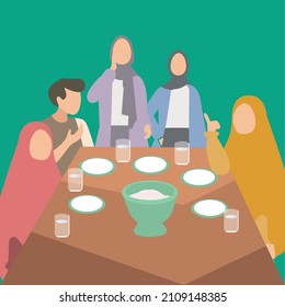 Simple Vector illustration drawing of Muslim friend and family laughing together while having lunch together at home.Moslem brotherhood concept.Modern design vector illustration