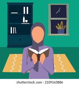 Simple ilustración vectorial de mujeres musulmanas leyó el sagrado Corán muy profundamente, leyó la traducción cuidadosamente. tiempo de calidad con el Corán. Ramadhan kareem. Ilustración vectorial de diseño moderna