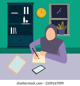 Simple Vector illustration drawing of Muslim women are learning by rewriting what they understand, sitting at a table with the window open at night.Muslim Woman Modern design vector illustration