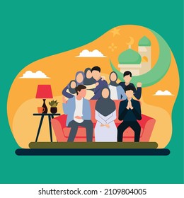 Simple Vector illustration drawing of Muslim big families gathering together to celebrate Eid Al-Fitr happily. Celebrating Eid with family at home concept. Modern design vector illustration