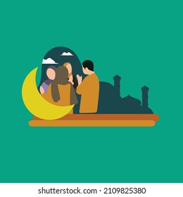 Simple Vector illustration drawing of Muslim friends and family who visit the house and greet each other embrace the Eid Mubarak celebration. Modern design vector illustration