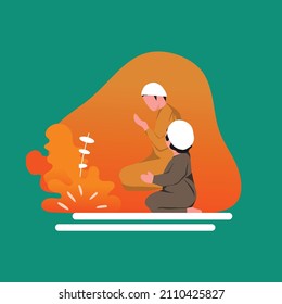 Simple Vector illustration drawing of Muslim boy learning how to make Dua to Allah. father's education for his son. happy muslim family. Modern design vector illustration