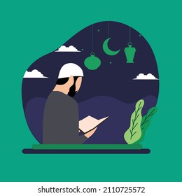 Simple Vector illustration drawing of A Muslim man is reading the Qur'an, contemplating his womb in the silence of the night. Modern design vector illustration
