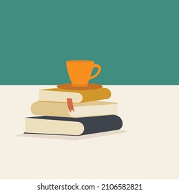 Simple Vector illustration drawing of a pile of books and a cup of coffee on office desk. Work space table with books stack concept. read a book leisurely. Modern design vector illustration