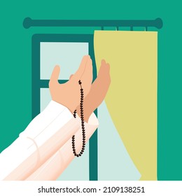 Einfache Vektorgrafik des religiösen muslimischen Mannes, der im Fenster mit Gebetsköpfen in der Hand betet. Übergabe an ein gutes Konzept. Moderne Design, Vektorgrafik