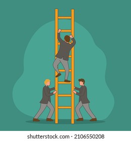 Simple ilustración vectorial de los miembros del equipo apoyan a su líder para subir la escalera para llegar al cielo para alcanzar el éxito. El concepto de trabajo en equipo moderno. Ilustración vectorial de diseño moderna