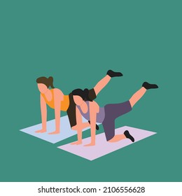 Simple Vector illustration drawing of two young sporty women working out pose pilates push up together in the fitness gym center. Healthy fitness sport concept. Modern design vector illustration 