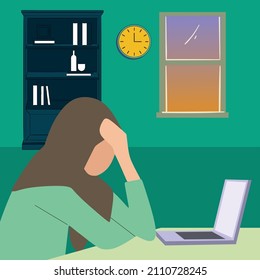 Simple Vector Illustration Drawing Of Working Stress. Portrait Of Upset Islamic Woman In Hijab Sitting At Desk With Laptop, Tired After Work On Computer At Home, Muslim Lady Feeling Exhausted.