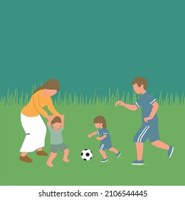 Simple Vector illustration drawing of a young father playing soccer with daughter while mother teaching son to walk at field vector illustration. Happy family parenting concept.  Modern design vector