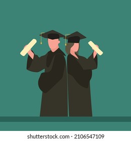 Simple Vector illustration drawing of young happy couple graduate college student hold paper and celebrate their graduation from university. Education concept. Modern design vector illustration