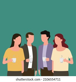 Simple Vector illustration drawing of young male and female office employees discussion together while office break time. Business talk concept.  Modern design vector illustration