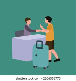 Simple Vector illustration drawing of young male tourist handshaking hotel receptionist and ask to book a room while holding luggage. Happy Traveling concept. Modern design vector illustration
