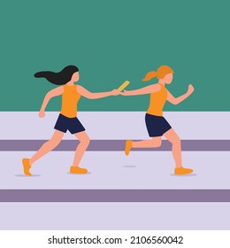Simple Vector illustration drawing of young sporty runner women pass baton stick at the run race event. Healthy lifestyle and fun jogging sport concept.  Modern design vector illustration