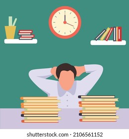 Simple Vector illustration drawing of young frustrated businessman got headache facing a pile of papers project on his desk. Overtime work at the office concept. Modern design vector illustration