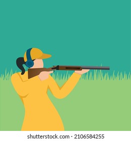 Simple Vector illustration drawing of young athlete woman shooter holding gun and training to aim target tactical shooting. Shooting sports training concept.  Modern design vector illustration
