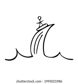 A simple vector illustration drawn by hand with a surfer who is surfing on a wave. Black and white sketch for emblems, logos, tourist flyers and banners.