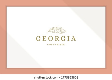 Simple vector illustration of elegant linear style emblem with quill made of soft bird feather designed for copywriter service advertisement line style