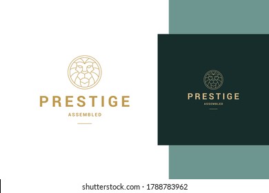 Simple vector illustration of elegant outline emblem template with geometric lion head in round frame designed for successful business line style