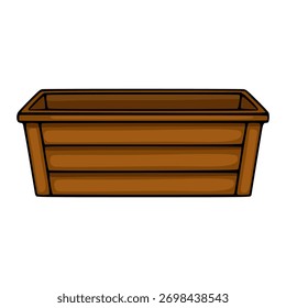 A simple vector illustration of an empty rectangular brown planter box with black outlines and subtle shading, perfect for gardening themes.