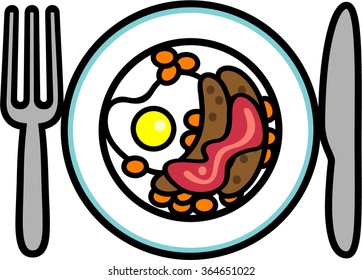 Simple vector illustration of English breakfast with egg, bacon, sausage and baked beans