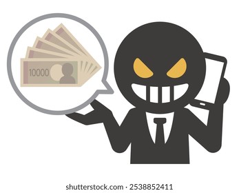 Simple Ilustración vectorial de un hombre malvado hablando de dinero en su teléfono inteligente