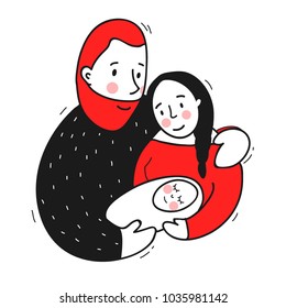 simple vector illustration of family, mom, dad and baby. Love. Family hugs. cute naive illustration