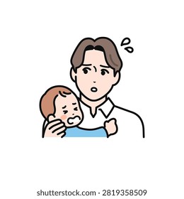 Simple vector illustration of a father struggling with a fussy baby.