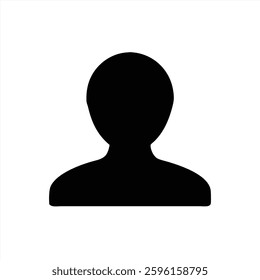 A simple vector illustration features a black silhouette of a person with no facial features. This minimalist design emphasizes the outline of the head and shoulders against a white background.