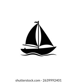 Simple vector illustration features a black silhouette of a sailboat with two sails and a small flag, sailing on stylized waves against a plain white background.