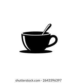Simple vector illustration features a black coffee cup silhouette, positioned on a saucer with a spoon resting inside. Clean, minimalist design isolated on white.
