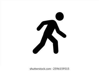 A simple vector illustration features a person walking forward in a minimalist black design on a plain background. The figure displays motion with a casual posture, emphasizing activity.