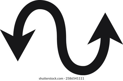 Simple vector illustration featuring a black curved arrow pointing both down and up, symbolizing change of direction against a clean white background