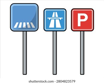 A simple vector illustration featuring blue crosswalk and highway signs alongside a red parking sign on grey poles for transportation themes.