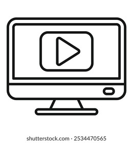 Simple vector illustration featuring a desktop computer monitor displaying a video streaming platform interface, ideal for projects involving digital content consumption