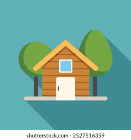 Simple vector illustration featuring a wooden house with trees, grass, and a long shadow