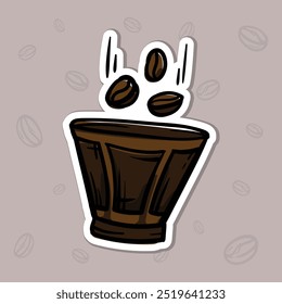 Simple vector illustration of a filter for a coffee machine and coffee beans. Hand drawn illustration for sticker, emblem, label, price tag. Colored casual icon for the design of a cafe, restaurant