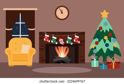 simple vector illustration fireplace with fire, Christmas tree and sofa