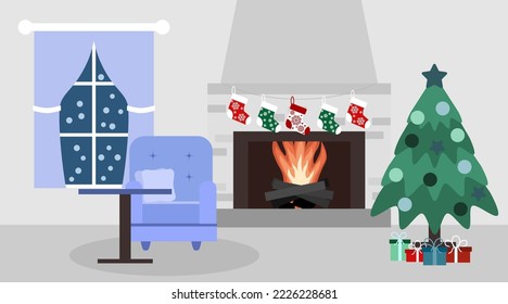 simple vector illustration fireplace with fire, Christmas tree and sofa
