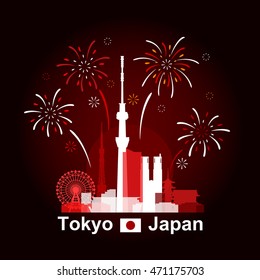 Simple vector illustration of fireworks above Tokyo cityscape, colored based on Japan national flag. Famous buildings and monument included.