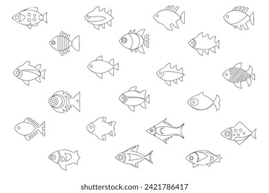 Simple vector illustration of a fishes coloring page for kids. Isolated fish on white background. Linear style. Minimalistic vector art