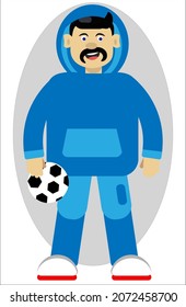 A simple vector illustration of a flat adult friendly looking man with black long mustaches. Confident smiling guy wearing blue sport suit and hoodie. Handsome masculine father or uncle with football