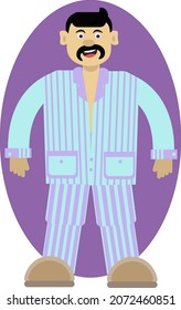 Una simple ilustración vectorial de un hombre amigo adulto llano con bigotes largos negros. Un hombre sonriente y confiado que usa pijamas de rayas azules y violetas. Un padre o tío masculino guapo que se va a dormir