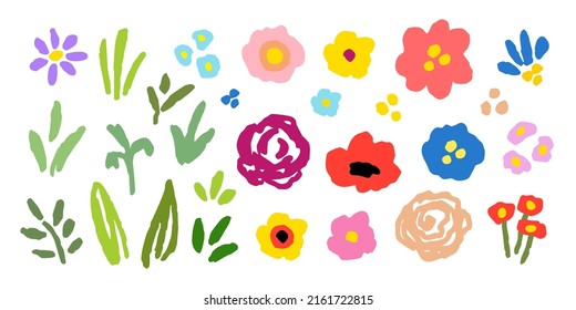 Simple ilustración vectorial en un estilo de dibujo plano. Conjunto de diferentes elementos florales. Flores coloridas, hojas, hierba verde. Colección de verano de primavera. Para crear patrones, postales, diseño de productos.