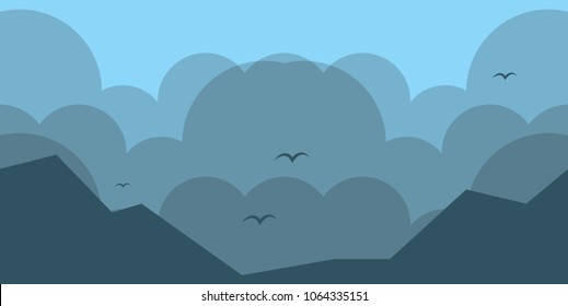 simple vector illustration flat design Abstract polygonal landscape mountain hill, land ground, sky, cloud and bird. sunrise, night, sunset, morning, fog day background