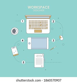 Simple vector illustration flat design of workplace with mobile phone, computer, records, coffee