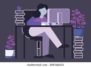 Simple vector illustration of flat female character sitting at the desk working on computer. Books and flowers standing by. Stundent, business woman concept. Comfortable cosy, office workspace cocept