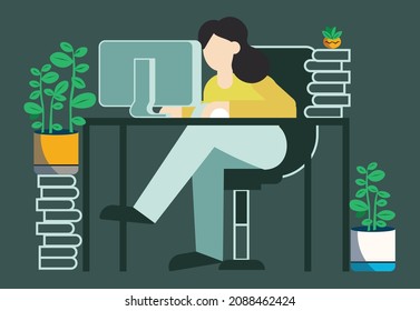 Simple vector illustration of flat female character sitting at the desk working on computer. Books and flowers standing by. Stundent, business woman concept. Comfortable cosy, office workspace cocept