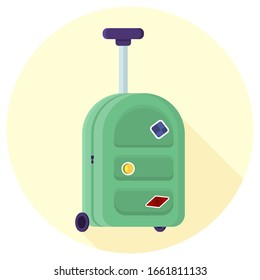 simple vector Illustration in flat style with green suitcase. holiday baggage with stickers and labels in front view Isolated on white backdrop. Concept of colorful family vacation luggage