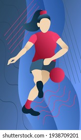 Simple vector illustration in flat style. Football woman kicks a ball. In crimson red and dark blue colors. 